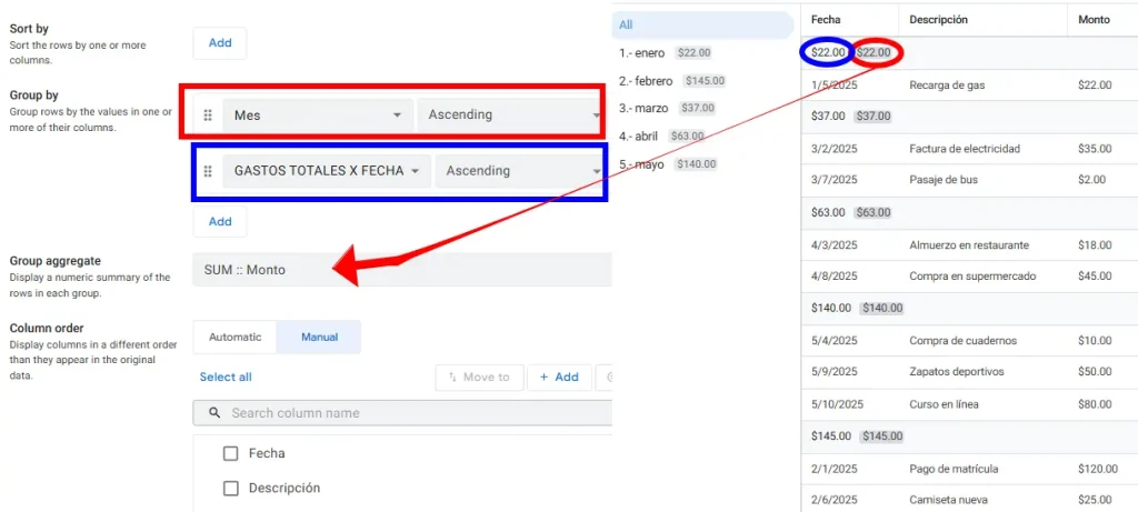 Mostrar la suma por meses en AppSheet