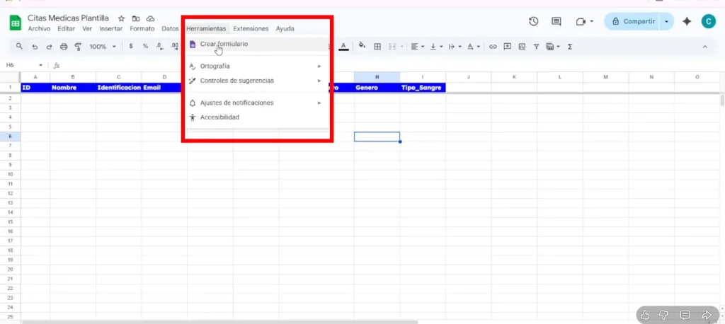 Paso 1: Crear el formulario desde Google Sheets