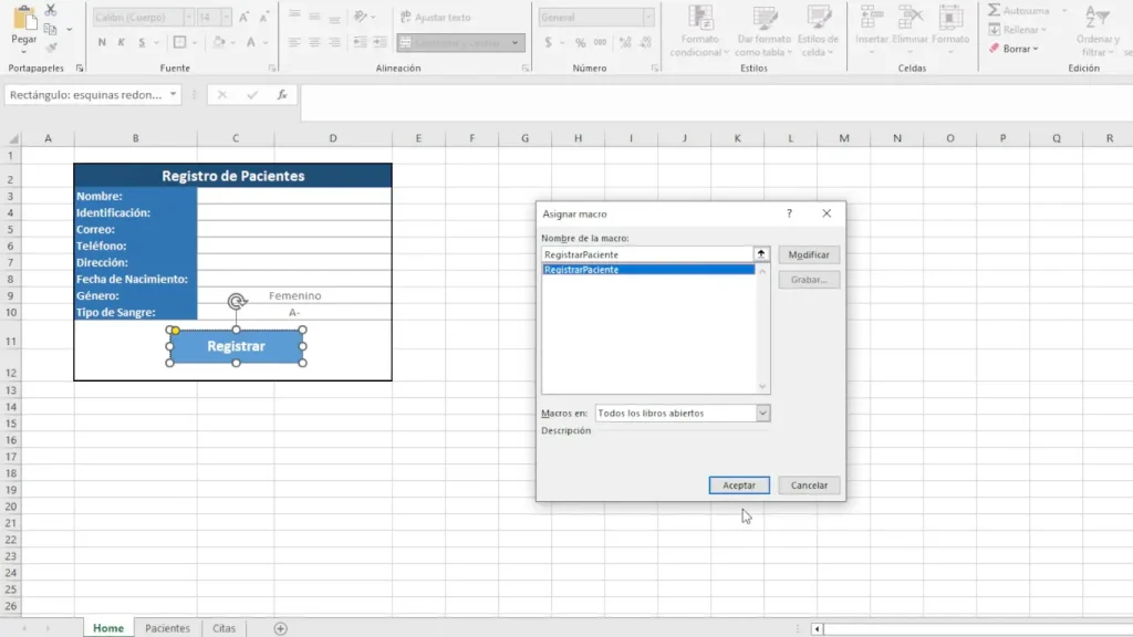 3. Asignar la macro al botón Registrar paciente